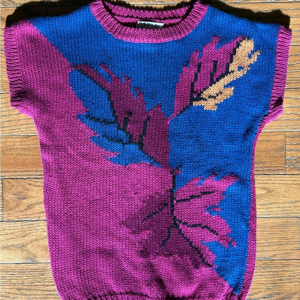 Vintage Alfred Dunner Hand Knit Sweater Vest Pink Blue Leaf Womens S Colorblock